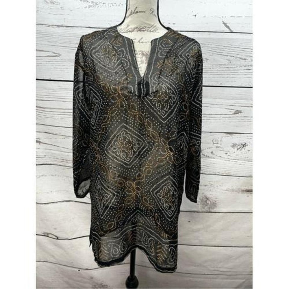 Byzance Black Geometric Print Sheer Tunic Top Shirt Womens S M‎ Beach Cover Up